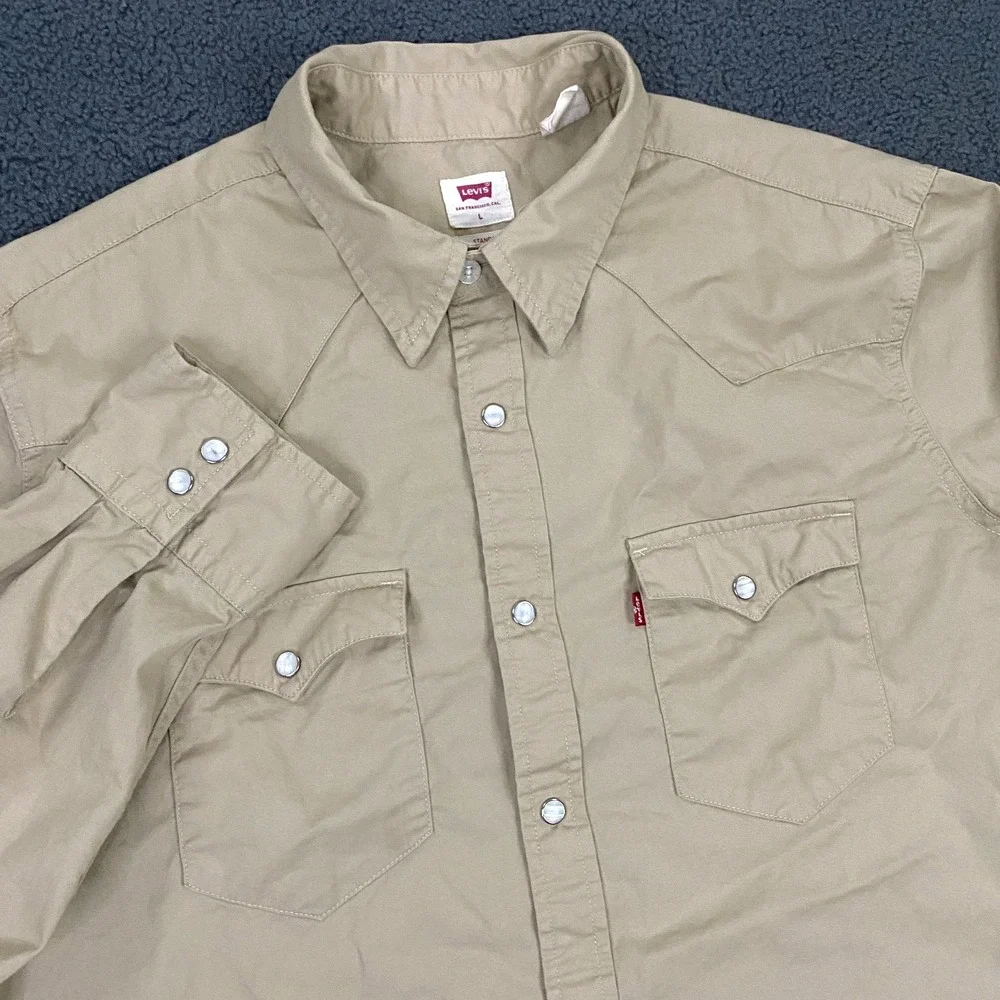 Levis Western Shirt Mens Large Tan Beige Twill Pearl Snap Red Tab Cowboy